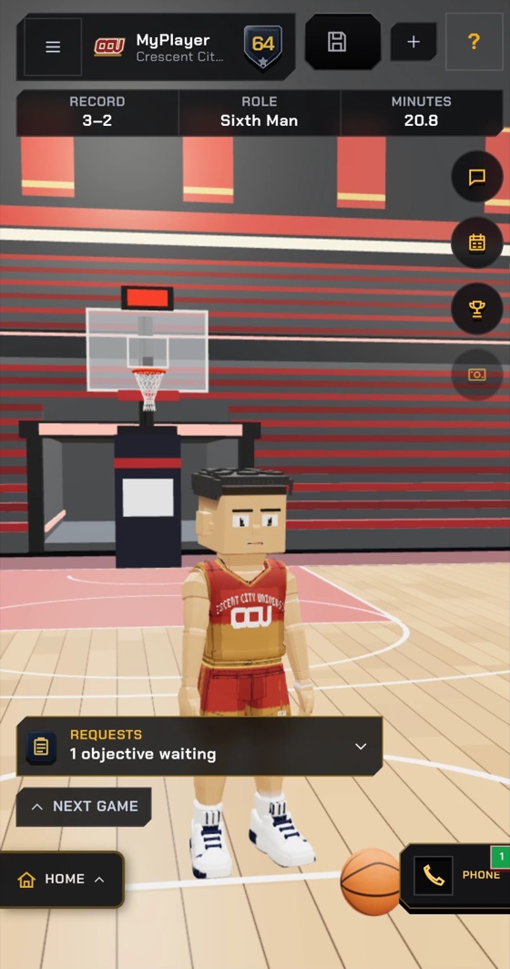 The Career hub: your player on the home court with his record, role and minutes