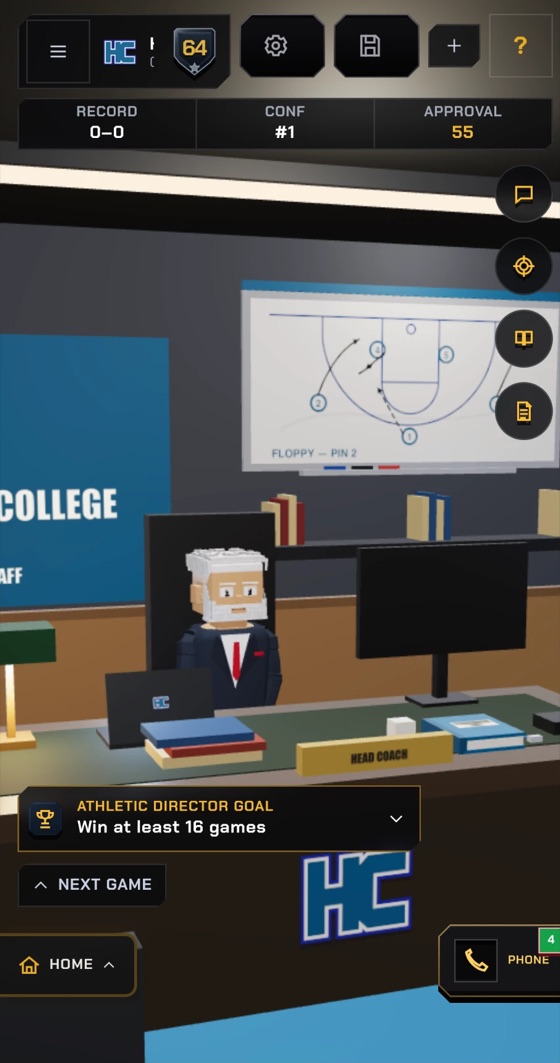 The Coach hub: the head coach in the college office with the play board